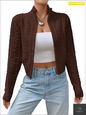 Cropped Cable Knit Cardigan Zipper Front Y2K Chic Fall Sweater Long Sleeve